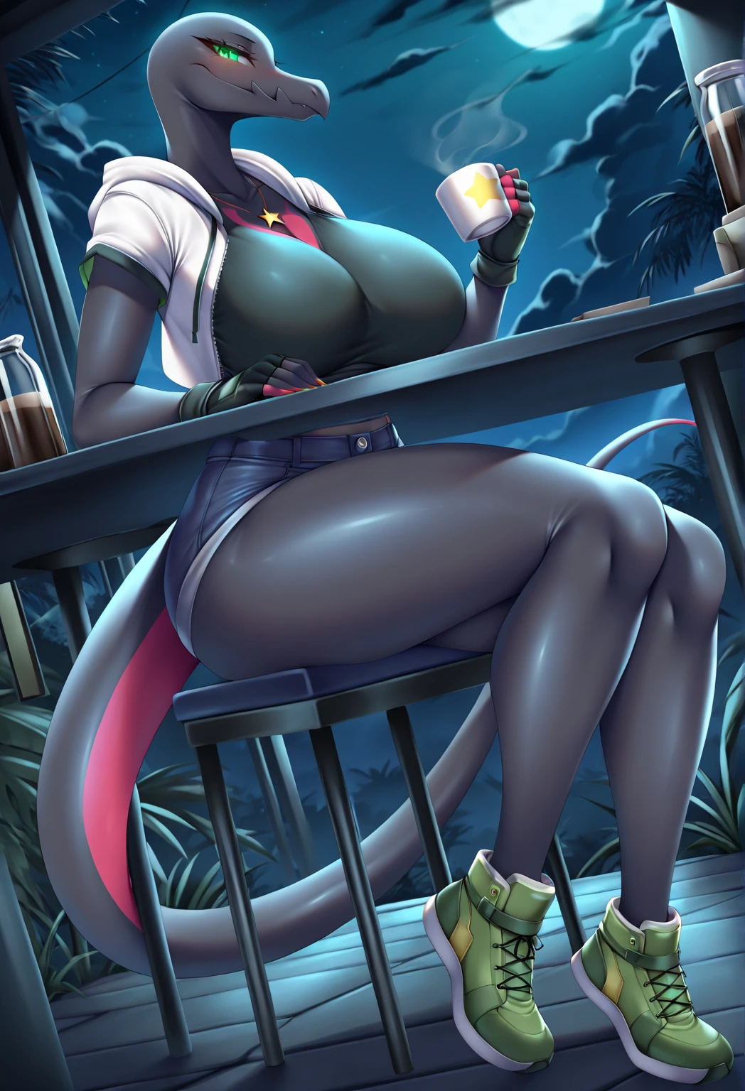1girl, large breasts, wide hips, dark-skinned female, dark skin, white hair, yellow eyes, tiger print, tiger ears, highleg, highleg bikini, micro bikini, tiger tail, smile, smirk, smug, bar, thighhighs, fukk_body, ((full body))