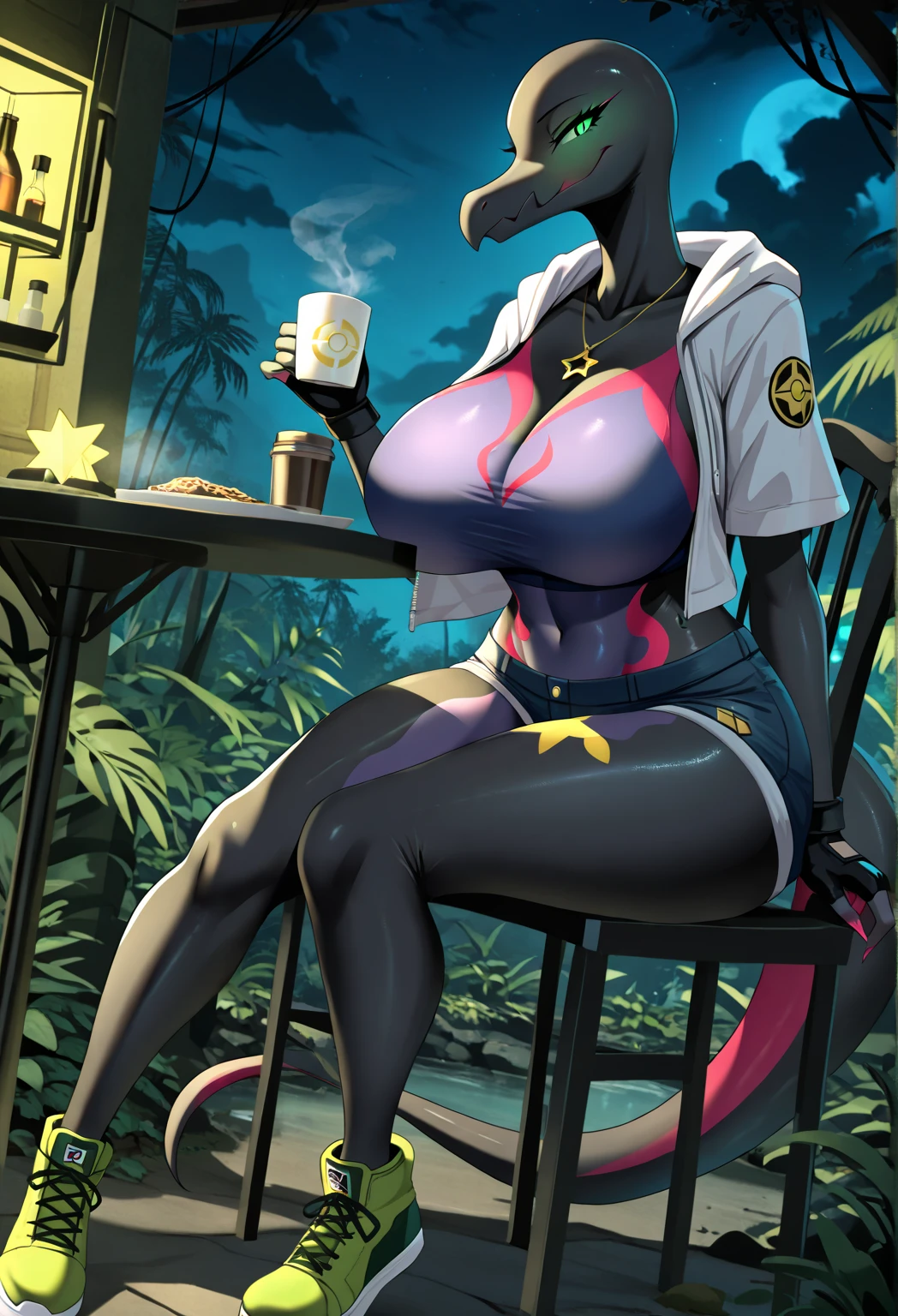 nsfw, uploaded the e621, beautiful and detailed,woman (((female))) ((anthro)) anubis, by sligarthetiger, lighting cinematic, seductor, Female anubis, anubian jackal, thicc, curvy body, big breasts, golden latex string bra and panties, (Detailed face:1.1), (perfect aig chest:1.3), thick eyelashes, long eyeslashes.Perfect dynamic composition, (gals:1.2), sweaty body, wet body, a grin,Ponytail,White hair, Thick_thighs thighs thighs thighs, big ass, big , sitting at a beach club , wearing an orange bikini and a see through beach robe over it, curvy