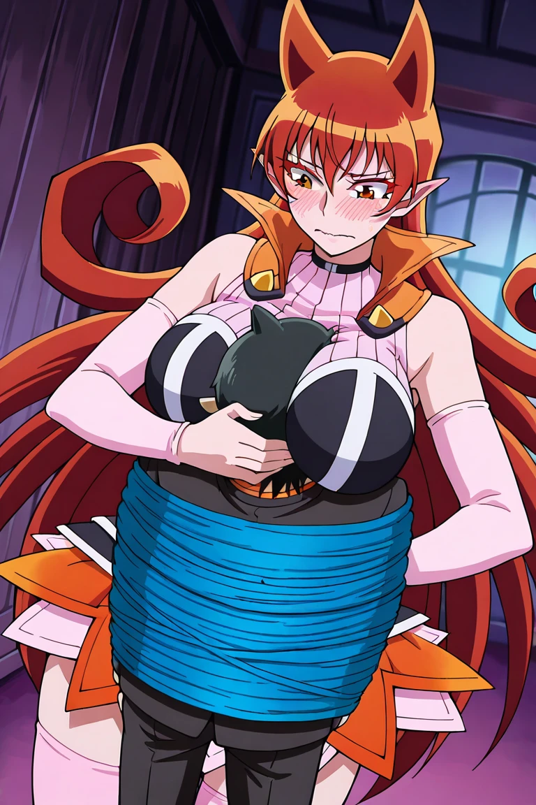 fairy tail, anime art style, 1girl, solo, smile, very long hair_hair, gloves, closed_eyes, orange_hair