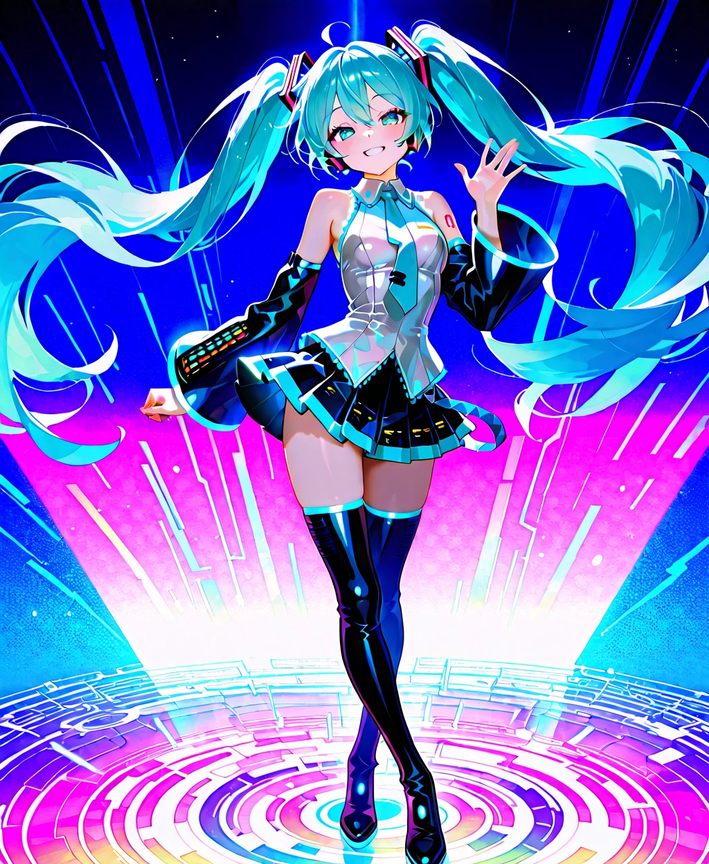 A high-quality, detailed portrait photograph featuring Hatsune Miku, the virtual idol, under vibrant neon lights with a futuristic design. Capture her dynamic dance moves and music beats, infused with a technological vibe and interactive engagement. Incorporate elements of fan culture and Japanese pop culture, along with traditional Chinese fantasy and anime styles, showcasing intricate patterns and elegant costumes. Aim for a visually stunning composition that tells a story and reflects the artistic trends of contemporary photography. Enhance the colors and textures to bring Hatsune Miku to life, maintaining a realistic and authentic look