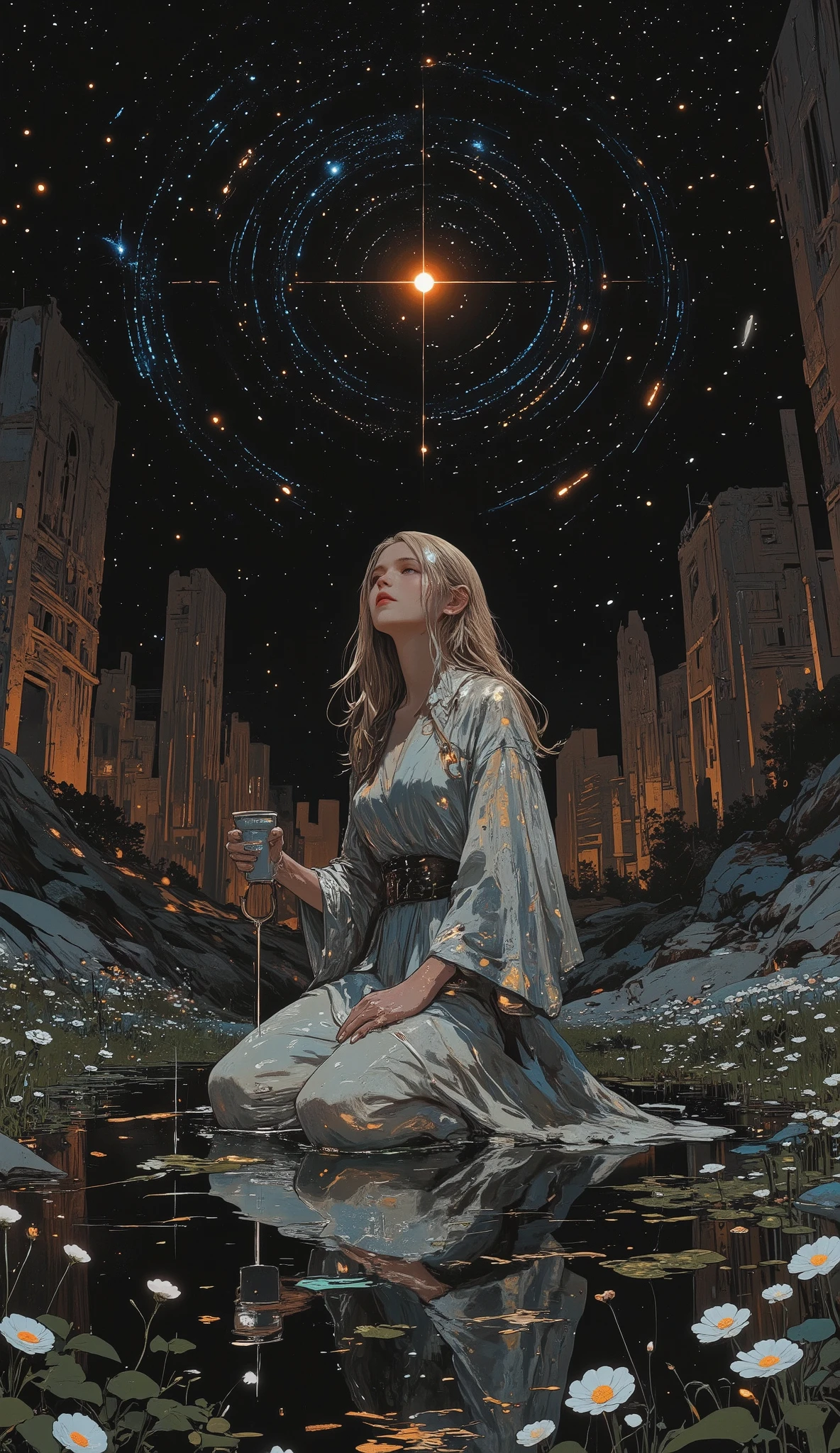 A young woman kneels beside a still, black pool beneath a sky scattered with impossible constellations. She wears a translucent robe that clings like mist, adorned with subtle threads of silver and starlight. Her long hair flows freely, catching the faint wind like a river of night. In each hand she holds a small vessel—one pouring clear water into the pool, the other letting it trickle into the soil, nourishing strange pale flowers blooming in the dark. Her eyes are lifted upward, soft and distant, reflecting a lone star burning brighter than the rest. The ruins of an old city lie half-submerged behind her, forgotten and sleeping. Fireflies drift around her like fragments of a dream. She is the hush that follows sorrow, the quiet renewal. No text. No symbols. Just her.