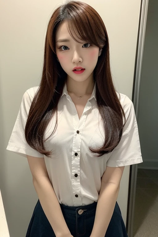 ((Night view.), realistic light, best qualit, Masterpiece:1.3)), 1girle, Beautiful woman with a slim figure: 1.4, (brown hair, Huge breasts: 1.4), Floor, Super detailed face, Detailed eyes, Double eyelidd, Asian woman posing for photo pink dress and white shirt, Japanese school uniform for girls, korean girl, japanese school uniform, Loose jacket collar sailor uniform, sakimichan, Amazing student uniforms, White fashion clothing, ulzzang, wearing japanese school uniform, Stylish white tights set, cute kawaii girl, Korean female fashion model, moaning, Bloom!, 8k --auto --s2