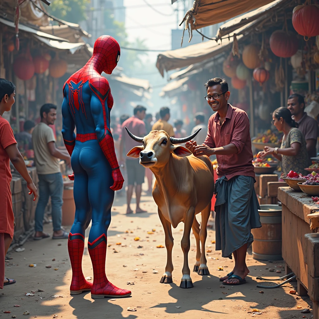 God Ganesha  and Spider man standing indian Street Market 
And selling vegitable 