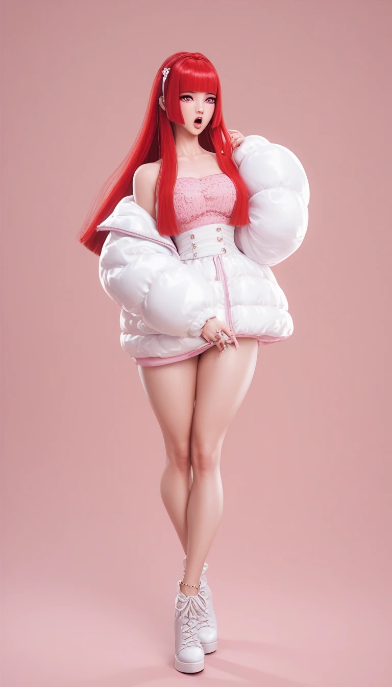 RAW, masterpiece, super fine photo with best quality, super high resolution, realistic, sunlight, full body portrait, amazing beauty, dynamic pose, delicate face, vibrant eyes, 1 girl, red face, slightly open lips, full and symmetrical breasts, raised buttocks, tight white jumpsuit with black pattern, cream white ski boots, pink hair, tattoo, chest closeup, buttocks closeup, multiple angles, black sky, moon, dynamic angle, flowing, very detailed background, detailed face, detailed clothing, High Detail Skin, Realistic Skin Detail, Visible Pores, Clear Focus, Volume Fog, 8k UHD, DSLR, High Quality, Film Granules, Fair Skin, Realism, Lomography, Utopian Metropolis of the Future, View from Below,