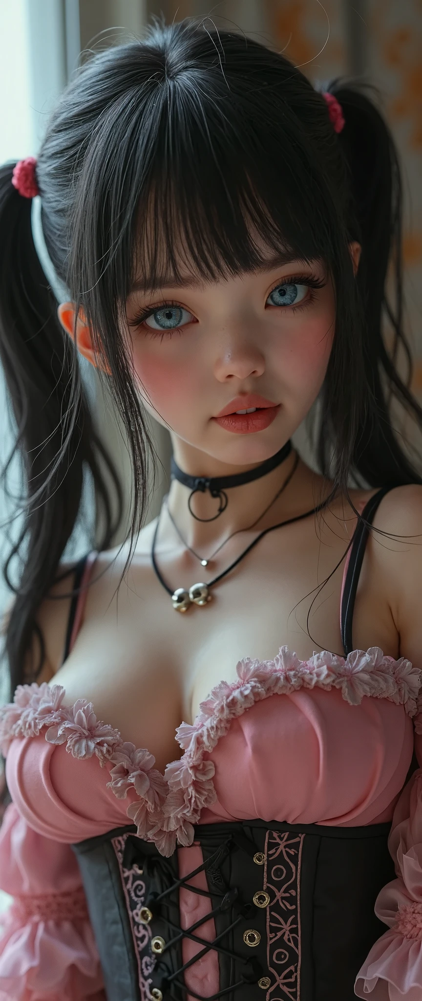((( 1menina))), blush vermelho:0.2, long eyelashes、(The voluminous lips)、lips 、Thin eyes with double eyelids)、Blue eyes own eyes、fundos bonitos、((topless:1.6)), naked, (nude:1.5), ((small breasts:1.6)), (topless:1.4), (no panties:1.4)
