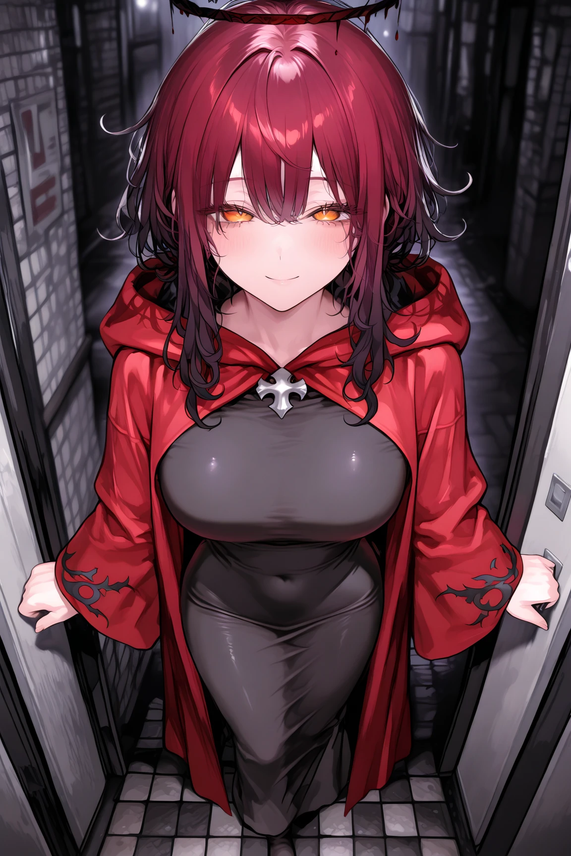 masterpiece,best quality,1girl,solo,looking at viewer,bright light<lora:add_detail:0.7>,jewelry,earrings,outdoors, dark clouds, rain, burning building, fire,
 <lora:noel:0.9>noel,hood,long hair,low twintails, pointy ears, red hair,