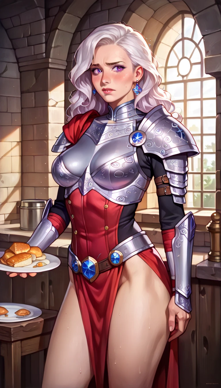 {best quality}, {very aesthetic}, {ultra-detailed}, {best illustration}, masterpiece,(((skirt lift:1.5))),((show off red color butterfly panties)),garter belt:1.2,((Holy Knight)), Smooth breastplate, ((Armor made of copper))、((((Extremely detailed and intricately decorated armour:1.1)))),Red Cowboy Shot,Smooth udder、Big Tits、(Golden Ratio,Tabletop, Highest quality, Highest quality, Official Art, beautifully、beautiful:1.2), Very detailed, colorful,Best details,An illustration, Great scene, (Adult,19 years old,One Girl, alone, Final Fantasy 12,Asheria:1.5, Asheria:1.5, Asheria:1.5, Curly Hair, Long Hair,Silver Hair:1.2,Asheria Costume:1.5, Asheria Costume:1.5, mini skirt,Knee socks, Thighs Thighs Thighs Thighs, gem, Blue Belt,Belt number 1),Course of action, A look of contempt ,from most below,