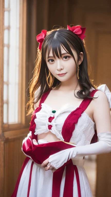 (Best quality, 8k, 32k, Masterpiece, UHD:1.2), 1girl, beautiy Japanese woman, narrow waist, , detailed face, short hair,18years old,realistic shadow,detail hair,detail skin, Yae Miko,slim body,small boob,side boob,C cup