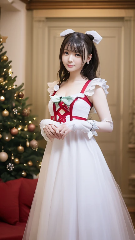 Ariana Grande  dress con un traje de pie sobre un puente., y 2 k Cutecore Clowncore, Maid outfit,  en dress, ruffled suit,(mini lasts santa claus:1.4), (white thigh boots),(White lace stockings), of a catboy! maid! dress, fancy suit, Anime girl in maid costume, dress de sirvienta, dress con volantes ((harpist)), whole body! pretty face,,More detailed 8K.unreal engine:1.4,UHD,La Best Quality:1.4, photorealistic:1.4, skin texture:1.4, Masterpiece:1.8,first work, Best Quality,object object], (detailed face features:1.3),(detailed hands),((The correct proportions)),(Beautiful blue eyes),convex，(camel toe)，(background forest white trees snow falling:1.4) ,(snowflakes:1.4)