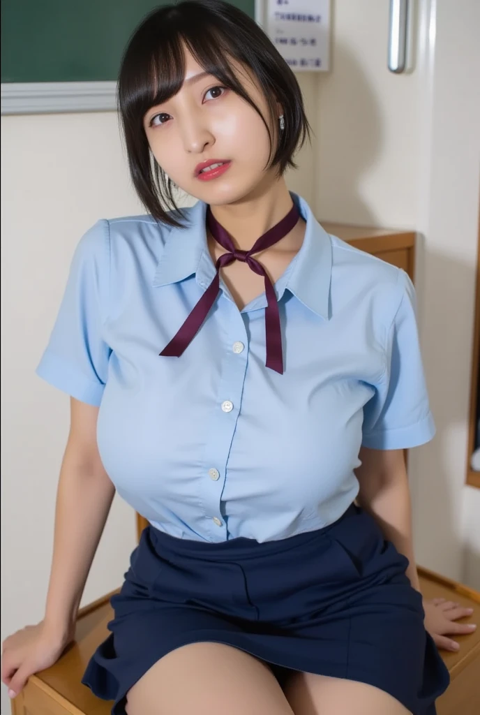 (8K, raw image, best quality, Masterpiece:1.2), (realistic, photo-realistic:1.37), very detailed,
1 woman,cute, alone,Beautifully detailed sky,Detailed cafe,nighttime,sit,Dating,(nose blush),(smile:1.1),(gag),big breasts, seductive smile, large separation, professional lighting, Sony A7R4, 50 mm sessile lens. f1.8,
Medium bust,Beautifully detailed eyes,(collar shirt:1.1), bow tie,pleated skirt,(short hair:1.2),floating hair ,กำลังsitเล่นดิลโด้บนโต๊ะทำงาน