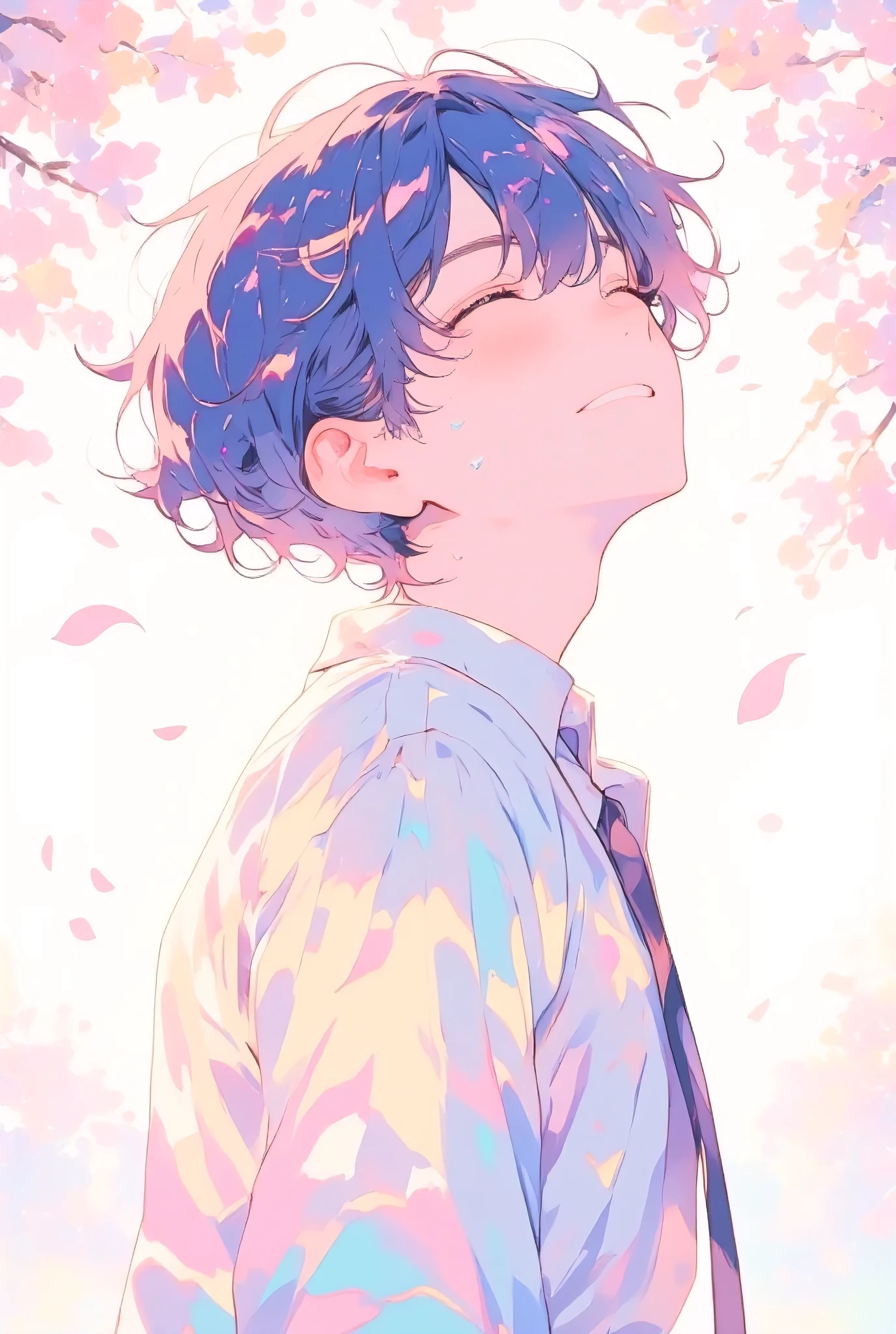 Cozy vibes and pastel pop art anime style of a young person with short, spiky dark blue hair in soft pastel navy tones, wearing a light pastel-colored shirt with a loosely tied tie. They are gazing upwards with their eyes gently closed, expressing serene joy or reflective contemplation. Pink sakura petals float softly around their head, rendered in pastel blush tones. A few subtle pastel-blue teardrops glisten on their cheeks, suggesting quiet emotion. The background is a gentle, warm white with a soft glow, enhancing the dreamy and comforting atmosphere. The overall aesthetic is clean, emotional, and pastel-toned, with pop art anime-inspired soft linework and subtle color gradients."