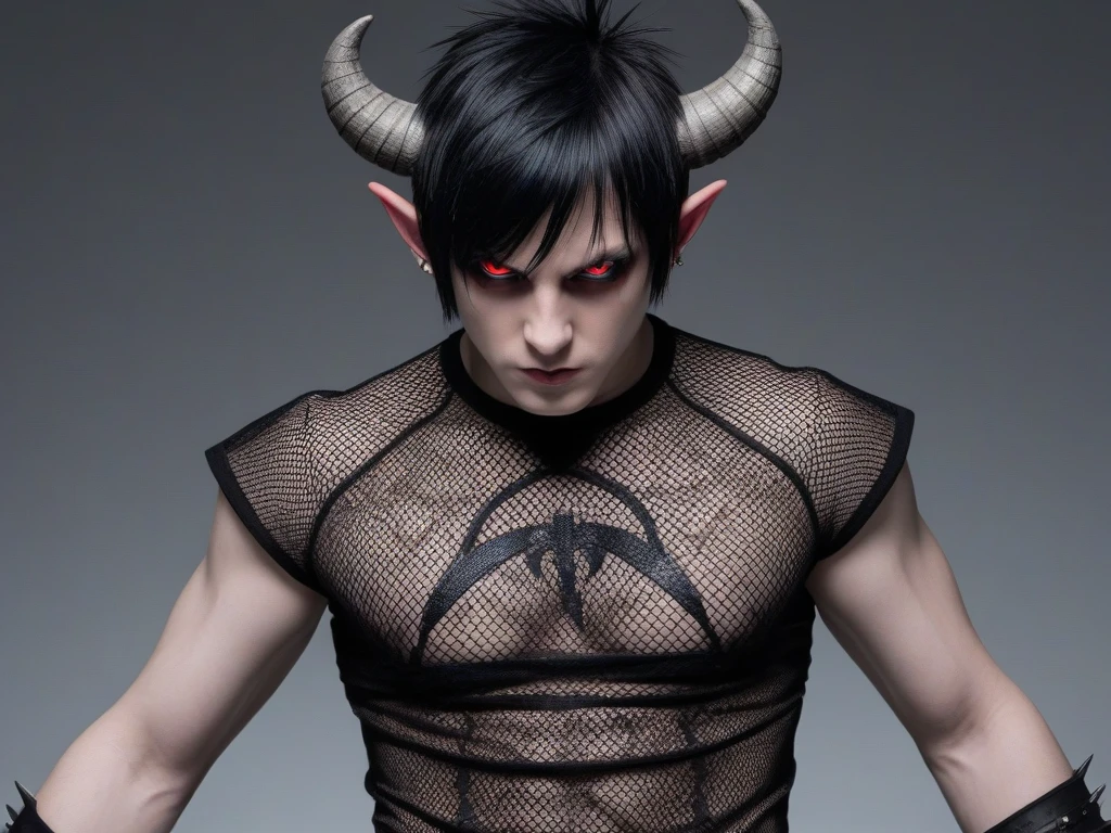 Handsome male, red eyes, black hair, extra  hair, horns, chest harness, black pants, black boots, piercings, plants, palace, wings, handsome, smile, soft features, ecstasy, flirty, big bulge in pants
