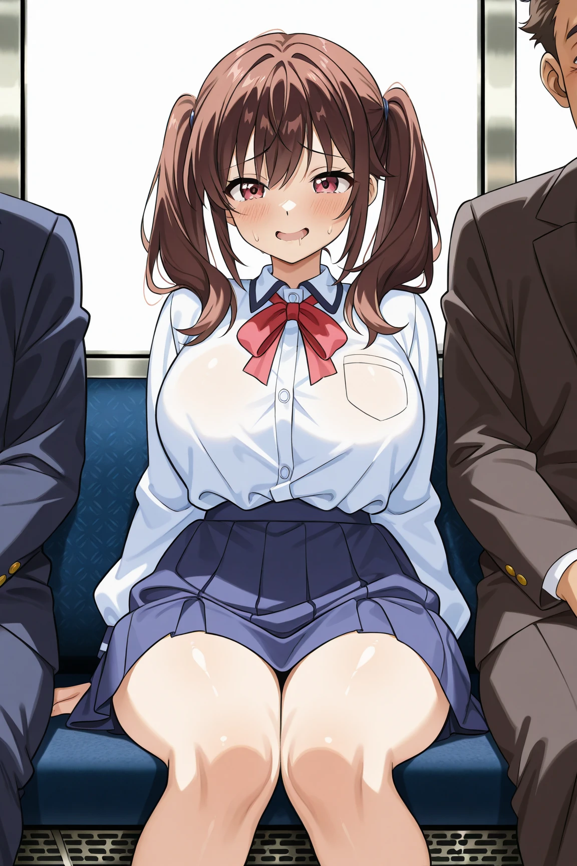 One knee up、Sitting in a red train seat, (Spread your legs), (White panties), Blue jacket, Blue suit , Red bow tie, (Blue pleated skirt), White shirt, (Background inside the train), sunny, Kamiki Mirai, Mature Woman, Anime cel style, highest quality, High resolution, One girl, (Large Breasts:1.2), Beautiful Face, Beautiful fingers, Beautiful long legs, Beautiful body, Beautiful Nose, Beautiful character design, Brown Hair, Long Hair, bangs, blue eyes, View Viewer, Cowboy Shot, blush、Embarrassed look、Nipples are visible、