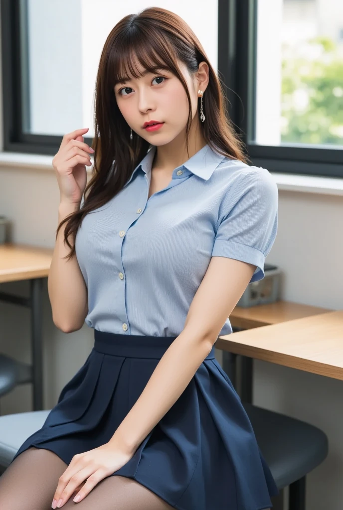Best quality, masterpiece, ultra high res, RAW photo, (photorealistic:1.4), 
1girl, detailed face, long hair,
(looking at camera:1.6),(full body), 
in (white shirt with blue collar, black sweatpant)  (narrow waist:1.2), 
shirtlift,
perfect skin,(natural breast),
 in the library, bokeh, beautiful lighting, model posing,