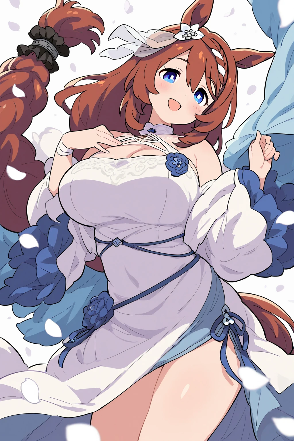 2019 japanese anime style,tmasterpiece,Best quality at best,Ultimate Detailed Illustration,red tone illustration, BREAK BREAK BREAK, 1 girl in, (cute big breasts:1.5),(tchibi:0.5),(kawaii:2.0),(Show on the:2.0),(7 year old girl),(Alone:1.65),BREAK BREAK BREAK, (flatchest:1.2,), Clean skin, Beautiful skins, the shy, A beautyful girl,Colossal tits(hair pin, red brown hair, high ponytails,bigger, Redhead ribbon:1.2), (Brown eyes, Long eyelashes, 二重まぶた: 1.2), Glossy glossy skin, glistning skin,Clean skin, Beautiful skins,( A smile:1.5), Alone,glistning skin, Clean skin, Beautiful skins(best quality face),(High quality glowing eyes), (The best smile,:d:1.45),
BREAK BREAK BREAK (White and light blue theme:1.5), ((Elegant style, a gorgeous):1.2), ((Light blue princess dress with white fluffy fur, light blue hoop skirt):1.4), (Dress with snowflake symbol printed on it:1.4), ((No shoulder strap, exposed bare shoulders):1.3), (very precise embroidery:1.3), (Fluffy fur:1.3), (Necklace made of countless gemstones:1.2), (high-heels:1.1),
BREAK BREAK BREAK
(red flower decoration:1.2),
BREAK BREAK BREAK, 鎖骨,hair intakes, Raise Hand, navel, Open your lips, Alone, stomach,architecture, blue-sky, (autumn forest:1.2), wooden building, Koyasanji Temple, terrazzo, blue-sky, Crystal clear sky, vague background, shot from afar, Permanent, the sunset, thighs, thighs, thighs, \(destiny\), evening,Happy,laughingly,Be red in the face,with her mouth open,beautiful sunset,evening,The light from the back window is backlighted,waterfallr,depth of fields,