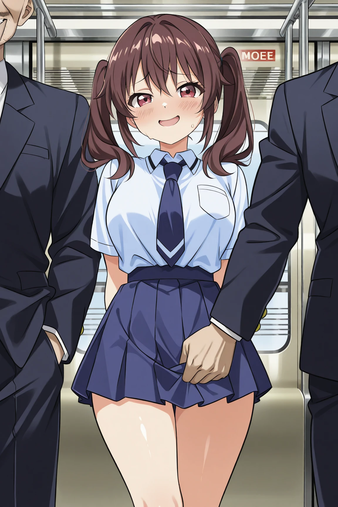 A girl is standing on a train, crying and refusing to move. She is topless, wearing no underwear, wearing a checked skirt, her nipples are erect, she has short black bob hair, small breasts, and pale pubic hair. A molester forces his arm around her shoulders, lifts one of her legs, and inserts his ????? into her vagina.