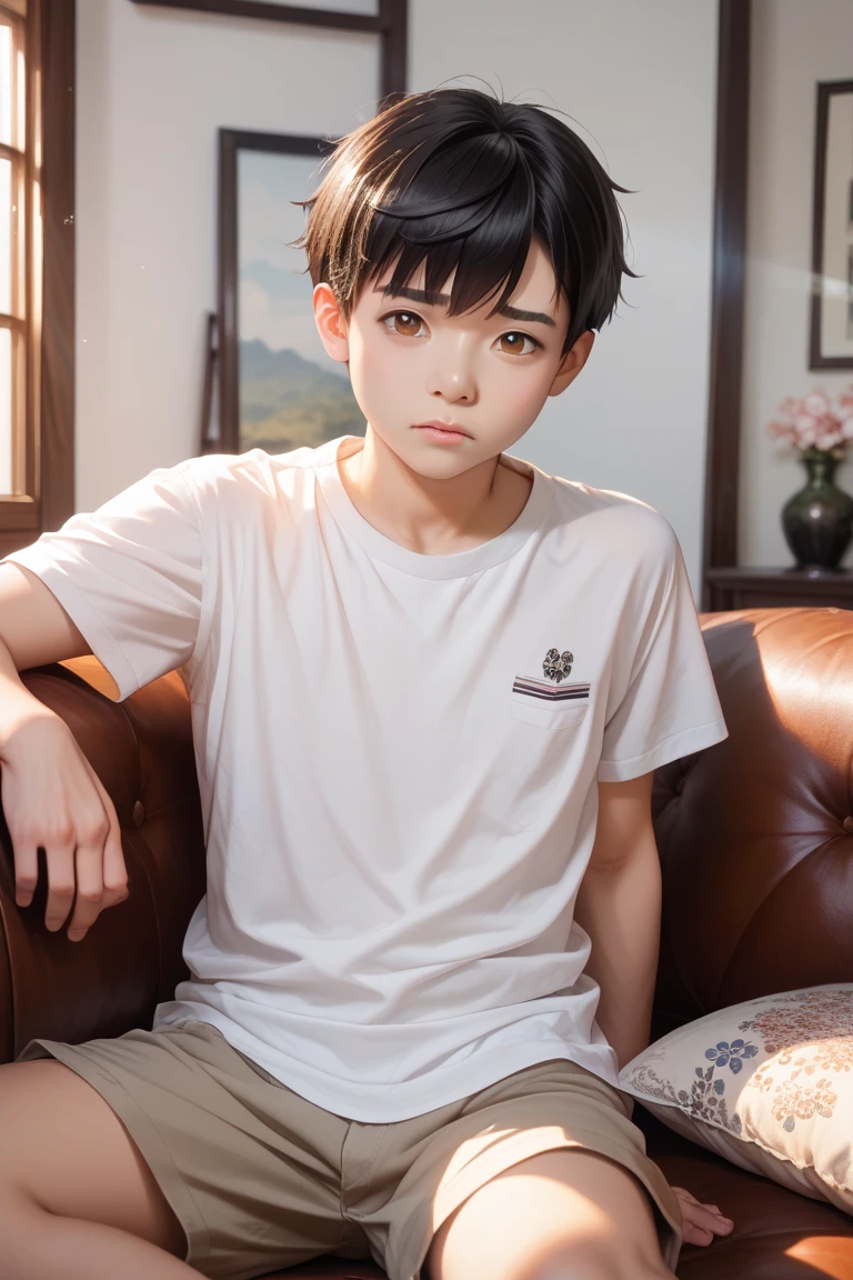 3d, 1boy,  boy, 14yo, looking at viewer, 8k, best defention,brown hair, shorts hair, spiky hair, black eyes, home muji style, satin pajamas shorts, material is shiny,shy, open legs, bulge, shower