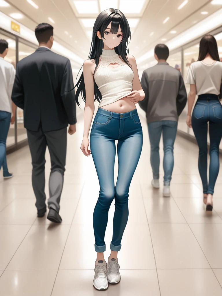 ((best quality, masterpiece:1.3, 8K)), (detailed), highly detailed face and skin texture, detailed eyes, downtown, full body, slender body, 1girl, 25 years old, white skin, blue eyes, bright lips, worried, embarrassed, blond hair, straight hair, long hair, (forehead:0.8), blue eyes, (white croptop:1.2), no sleeves, navel, jeans pants, skinny jeans, blue jeans, black heels, peeing jeans, peeing pants, pee stain, (wetting herself:1.5), desperation,