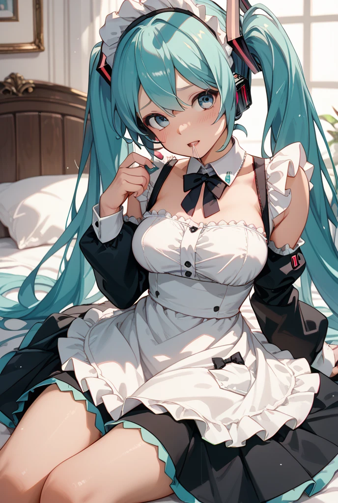 Big breasts Hatsune Miku,Bigchest,the maid outfit,revealing her belly,Bare legged