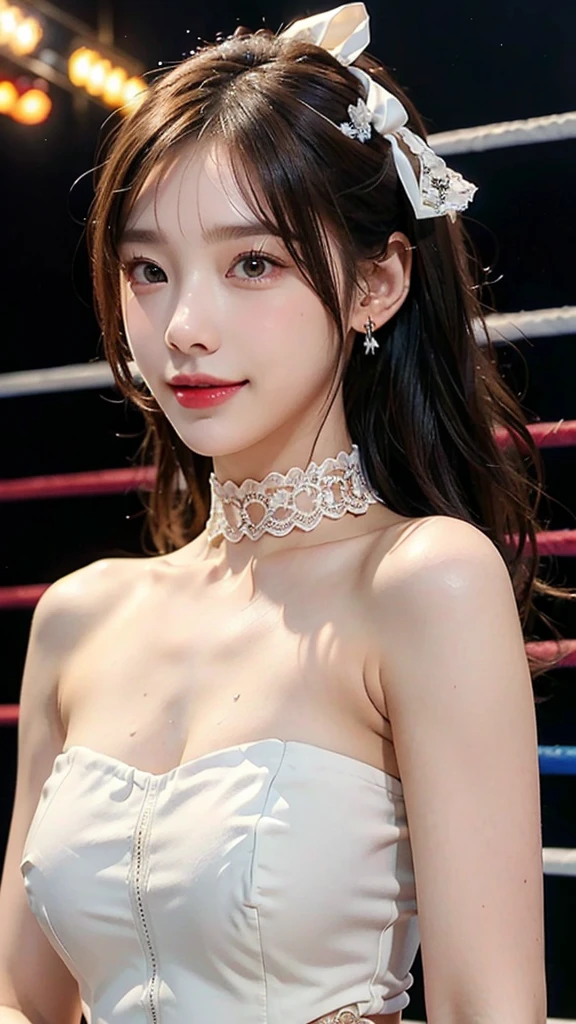 ((masterpiece: 1.4, best quality))+,(ultra detail)+, official art, unity 8k wallpaper, ultra detail, beautiful, high quality, Highlight your cute face, masterpiece, best quality, semi straight medium length hair, Bangs up to the eyebrows, (((Always in the pro wrestling ring))), (pastel style outfit:1.5)), (((bust:1.5))), High exposure, skinny body,masterpiece, high quality, 8 thousand, beautiful spotlight, no. no. no. no. No. 1 girl group idol in Korea, ((vivid:1.5)), ((brown eyes, blonde hair:1.3)), (Small and round breasts:1.2), ((colorful earrings, white neck choker, white short lace gloves)), 18 years old, small face, looking at viewer, (hairpin with larger ribbon:1.4),(skinny abs:1.1), (They look at each other and look very happy :1.5), ((Both cheeks turn red)), Accurately distinguishes between the bodies and limbs of two people....:1.5, Wear a black mask