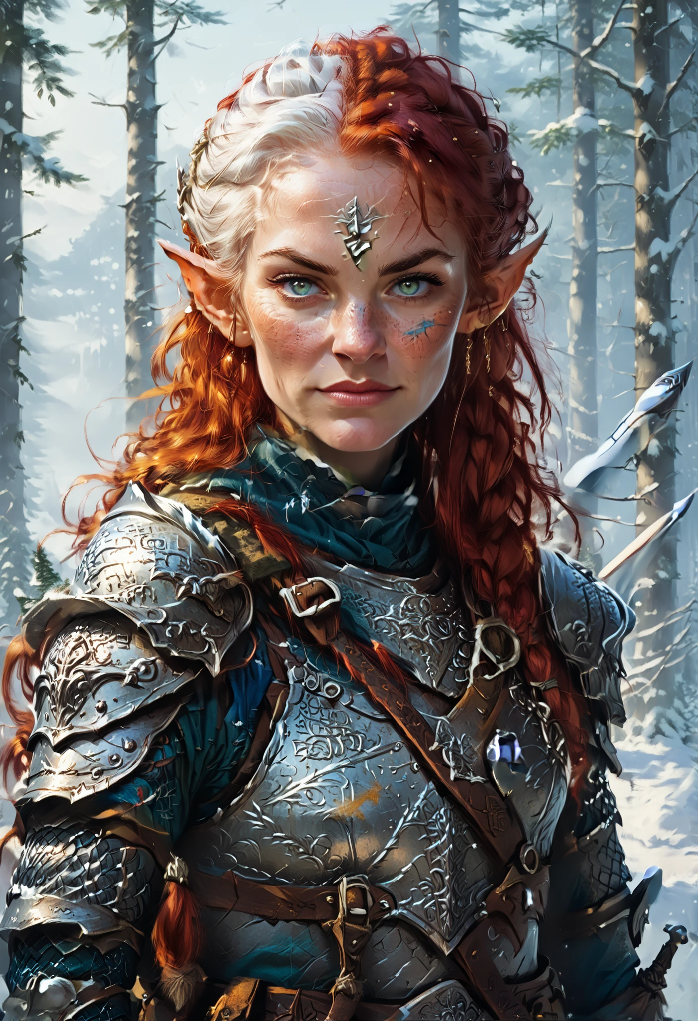 White skin. Older female elven knight with one yellow and one blue eye and red hair with white highlights. She has scars. White strands of hair. She has a motherly smile. She has a round face with a pointy chin. Her white body is athletic. She wears chainmail armor. She holds an helmet under her arm and has a sword. Background snowy forest. Realistic lighting. DnD art-style. fake box art, semi-realistic, Looking at the viewer.