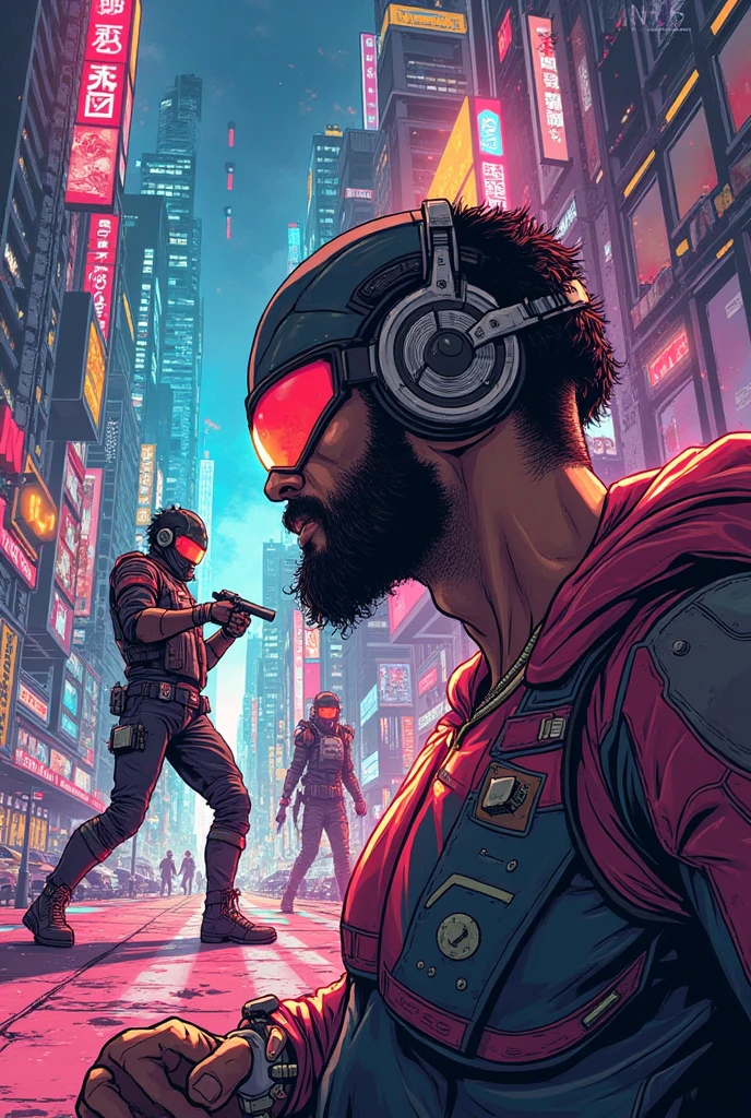 An award winning master piece photo of 2 cyborg man with psychedelic colors standing in a city street at night in the rain, wearing neon-colored glowing goggles, 8k, (high quality:1.1), (cinematic feeling:1.1), dark deep shadows, incredibly intricate detailing, art , (up close:1.1), from above, looking at viewer, (light sparkles:1.1), (chromatic aberration,:1.2)