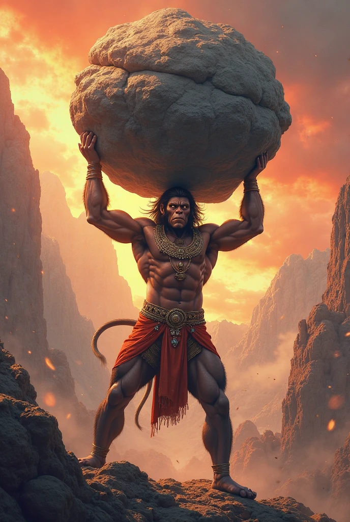 Lord hanuman lifting hundreds times bigger mountain with his arm