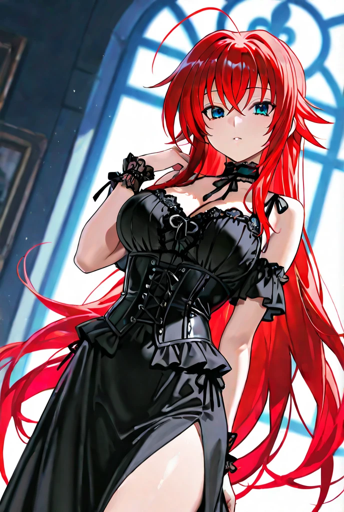 masterpiece, best quality, 1girl, long hair, looking at viewer, :3, cute, black , outdoors, streets, cowboy shot, large breasts, curvy, (((blue eyes))),  rias gremory, red hair, antenna hair,  wavy hair, ((beautiful detailed eyes, beautiful detailed glow, lots of glow)), anime screencap, swimsuit,