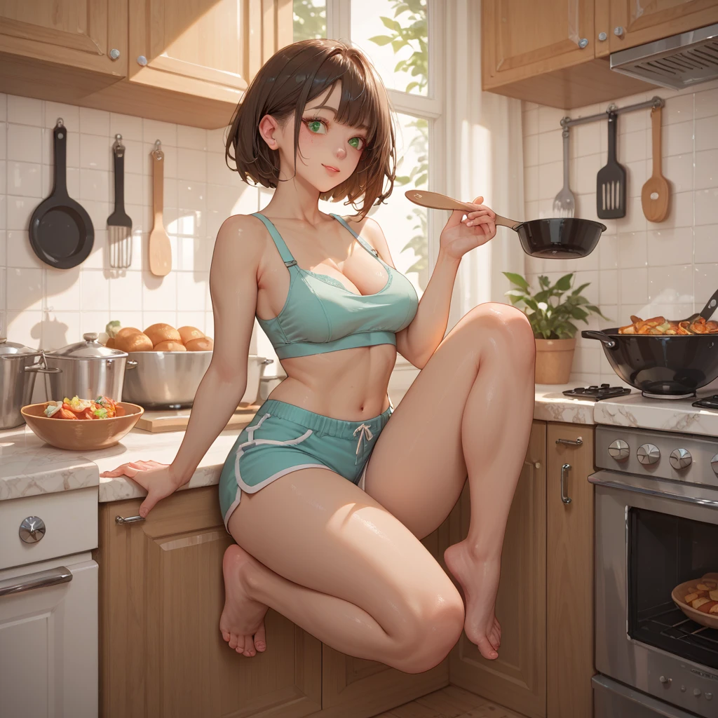1 girl, (((naked))), (((visible pussy))), ((sitting having breakfast in the kitchen)), ((transparent seat)), ((seen from below)), (((NSFW)))