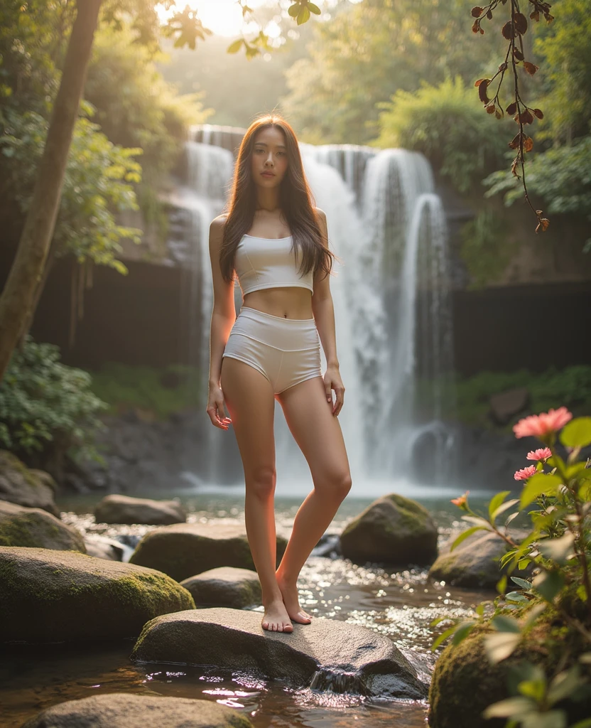 Pretty Young Redhead Woman Standing Surrounded by Streaming Waterfalls and Lush Ferns, elle rit joyeusement en humidifiant ses doigts pour discipliner ses ondulations rubicondes, Prenez-la en photo avec un Fujifilm GFX 50S muni d'un objectif GF 110mm f/2 R LM WR, stylizing your approach with reference to Man Ray
