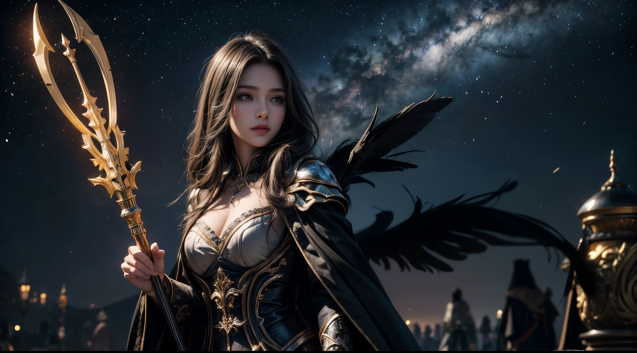 masterpiece, rest, best quality, Very detailed, Super real, 16K, high resolution, castle,snow, ((Starry Sky)),Female Mage,Gorgeous robe,Complex Mode,Pretty Face,Closed mouth,dramatic,Upper Body,Glowing scepter,Black Wings,Large Breasts