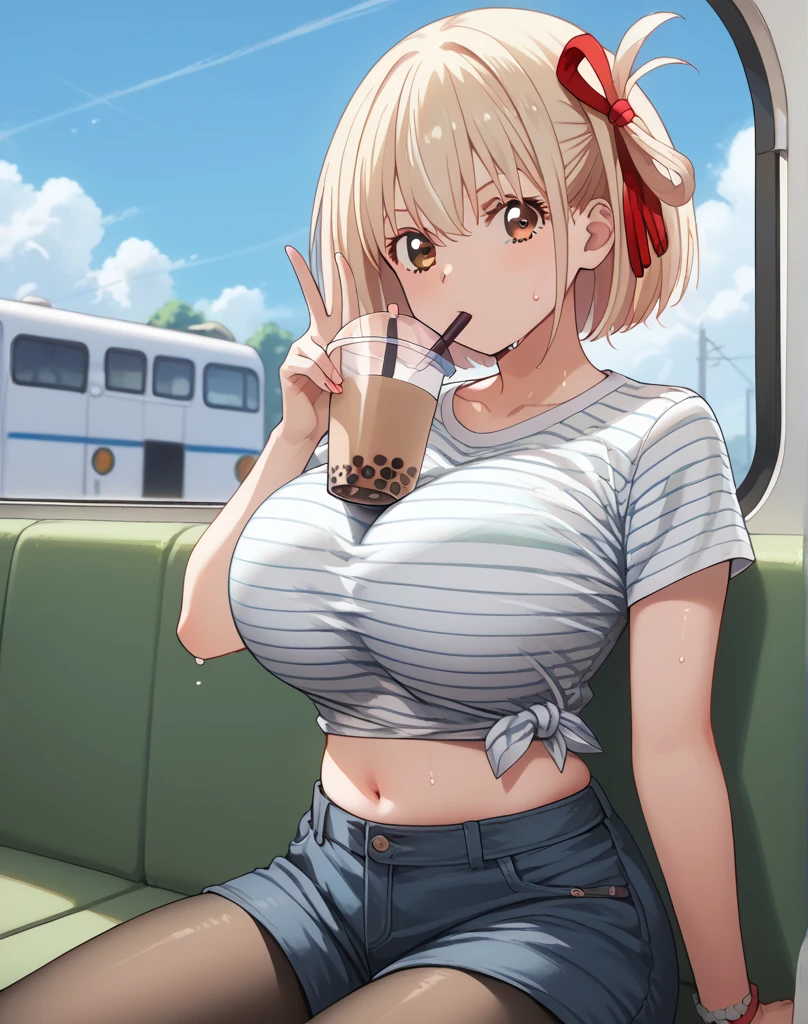 masterpiece, best quality, highres, JK,huge tit,1girl,pov, give viewer a cup of bubble tea, black bow,black bowtie,blonde hair,bow,bowtie,breasts,hair bun,long hair,looking at viewer,pink hair,pleated skirt,shirt tucked in,short hair,skirt,smile,tented shirt,in street