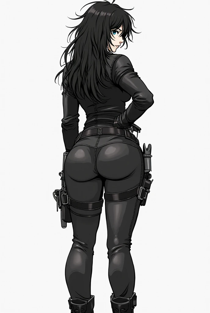 (((((1 girl thick thighs))))) small breasts black hair long hair (brown skin) solo wearing a stealth suit and harness (from behind))