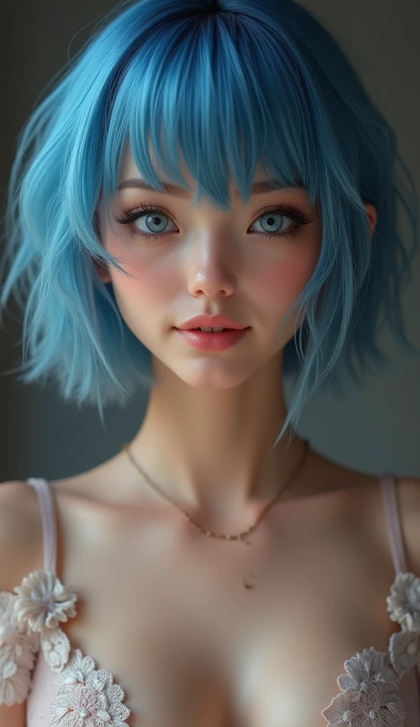 (Highest quality, 8k, 32K, masterpiece, Ultra-high resolution:1.2),Cute 1 American woman image, Large Breasts, Very short bob hair,Upper Body,Face Focus,(Extra Large_sweater,:1.1) necklace, background, View your viewers, Leaning forward, (((Silver streaks in blue hair))), (((Bright light blue eyes))) (((Award-winning details)) ((Avatar makeup and pop star clothing)))