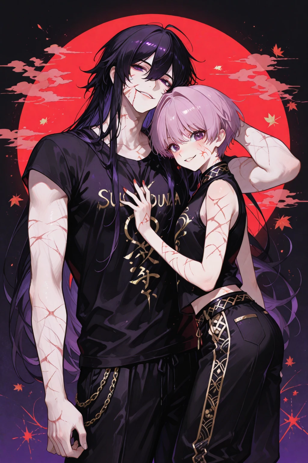 ((anime)) ((my hero academia)) ((attractive)) A young adult boy (( attractive little long reddish hair tied .green eyes.serious look.cross tattoo on neck he is shirtless wearing black shorts barefoot )) lying on a bed hugging a girl (( long light purple hair. violet eyes.lined under the eyes.violet dragon tattoo on neck.serious look with a blush.attractive.Wear black lingerie)) .Sitting on the boy's lap.Elegant room background.