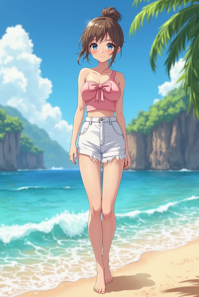 (anime artwork, anime style, studio anime, very detailed, up to date, vibrant, Anime Coloring, high contrast, masterpiece:1.2, best quality, best aesthetics),2 girl,hug from behind,swim suits, Medium chest, A glimpse of thighs,random hair, One eye is hidden by the bangs, perfect proportions, high detail skin, Cute, detailed faces,beach, precise fingers,curvy,crowd