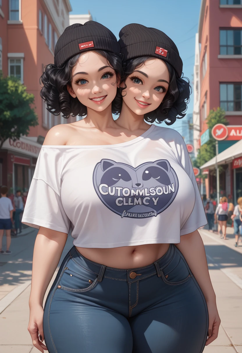 1 girl, dark brown hair, curly hair, short hair, hairband, earrings, green eyes, smiling, thick black glasses, loose shirt, exposed bra strap, large breasts, pregnant, huge belly, petite, dark jeans, choker, multiple bracelets, garden background