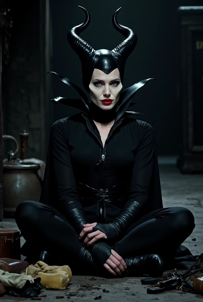 Masterpiece, best quality, detailed face, perfect eyes, Maleficent, pale skin, green eyes, black cowl, demon horns, throne behind her, looking at viewer, Sitting on a dark Throne chair. Behind her. In a dark throne room