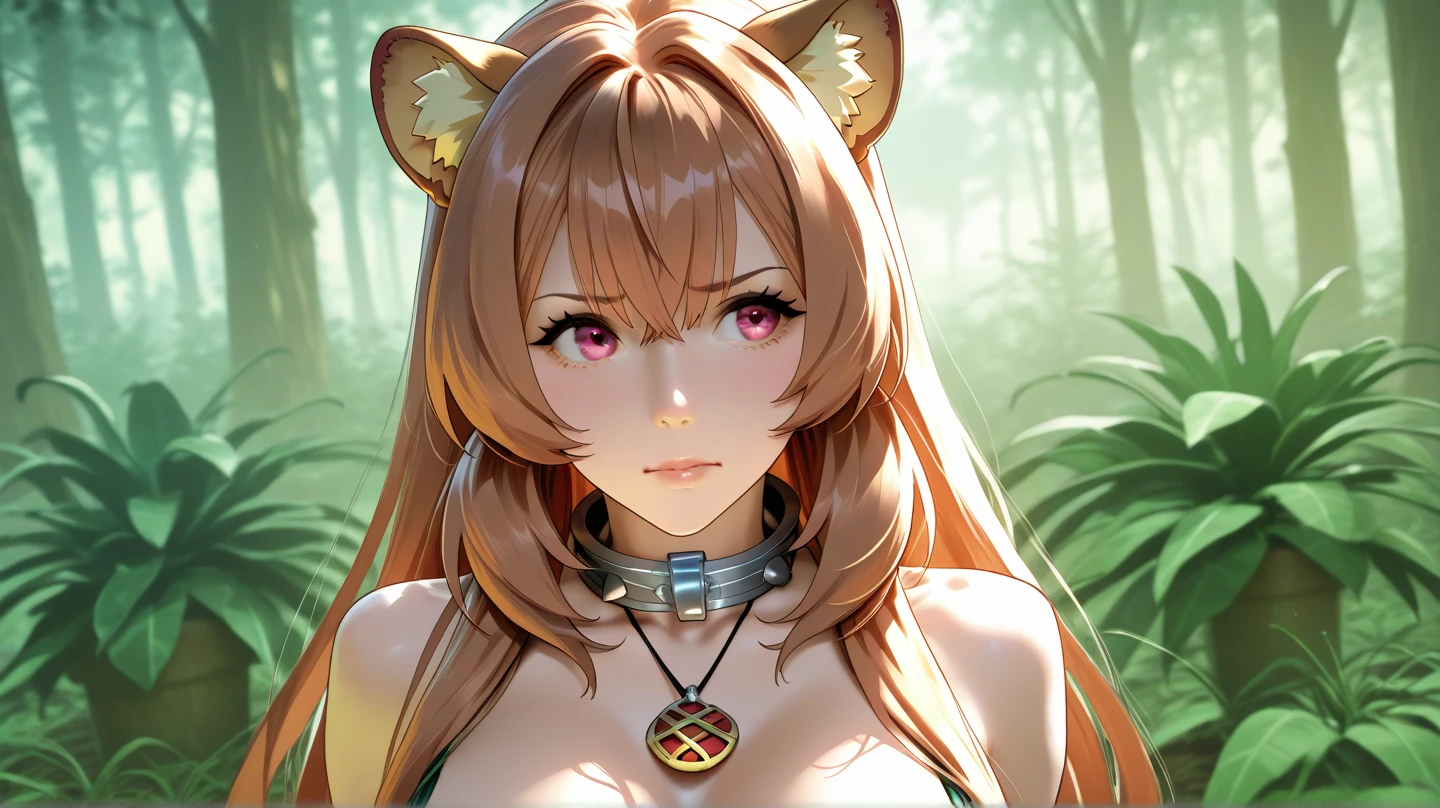 Raphtalia woman 35 years old, Voluminous brown hair, by the floating, lion ears, voluminous fur, big breasts, low-cut tribal clothing, tribal design fur clothing, dirty and injured body, drops of sweat, neckline, background some ruins in the middle of the jungle, lost tribe, angry expression.