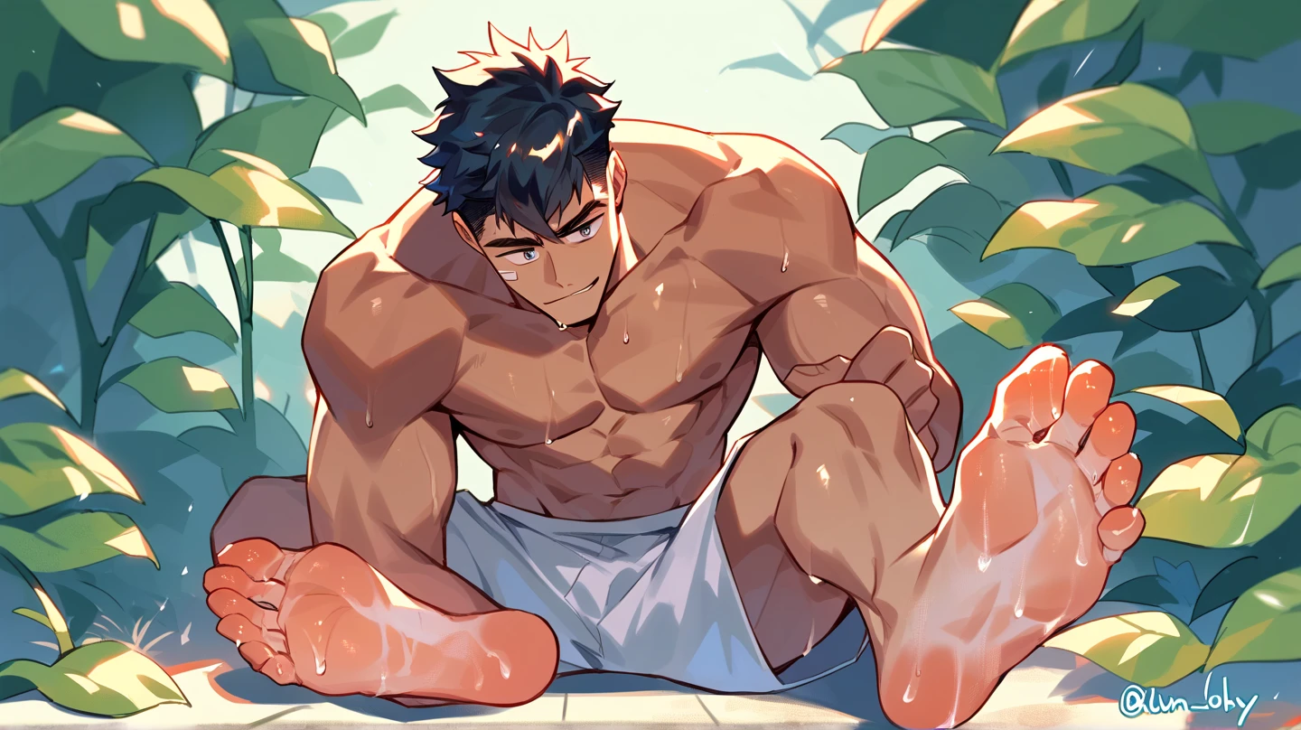 Slightly sideways,closeup of arms,Thick arms,(masterpiece,best quality),1 person,Nude boy,Very shy,My face turned red,Shy,muscular,Delicateeyes,nude,(nude),blue eyes,Shirtless,Body,Blue purple short hair,(fluorescent lamp),(Open your legs),((Blue Background)),Shorts with white stripes,White textured socks,(No shoes),Body covered with strong muscles,strong,Broad shoulders,(Sitting on the steps),(Spread his arms),Low angle shooting