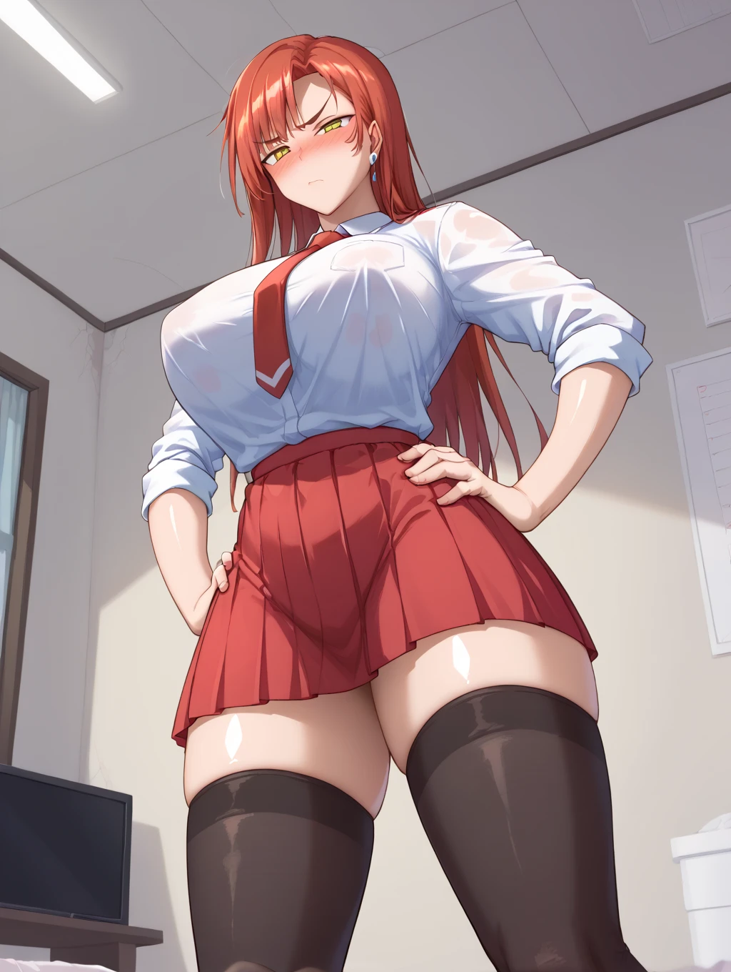 Rikosakurauchi, Riko Sakurauchi, (Brown eyes:1.5), hair between the eyes, by the wide, (Red hair:1.5), (Little mom:1.2),
BREAK glasses, high advanced breeding , jacket de sport, red jacket de sport, bow, bowtie, collar shirt, jacket, long sleeves, pleated skirt, (((undressing: 1.5))), (((taking off her skirt: 1.33))), (((showing the ass, no panties))), (((Pussy))), sad smile, (((unfolding your skirt:1.33)))
REST looking at the viewer, sitting,(from below:1.2), (Leaning forward:1.2), ((open legs: 1.4)), backwards, showing the ass
romper en el interior, classroom,
BREAK (masterpiece:1.2), Best Quality, High resolution, unity wallpaper 8k, NSFW,(illustration:0.8), (beautiful detailed eyes:1.6), extremely detailed face, perfect lighting, Extremely detailed CG, (perfect hands, perfect anatomy),