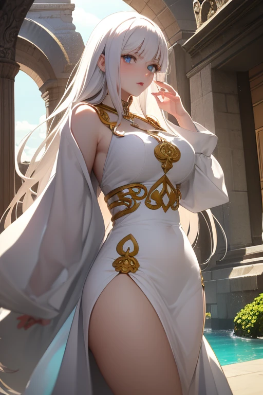(masterpiece, best quality, 8k), 1girl, mature woman, attractive goddess, lips, ancient mesoamerica clothes, white clothes, gorgeous clothes, detailed pattern, green eyes, long white hair, arms up, armpits, divine, immortal, light smile, ancient mesoamerica building, detailed building, outdoor, godlike, godrays, cinematic lighting, (from below)