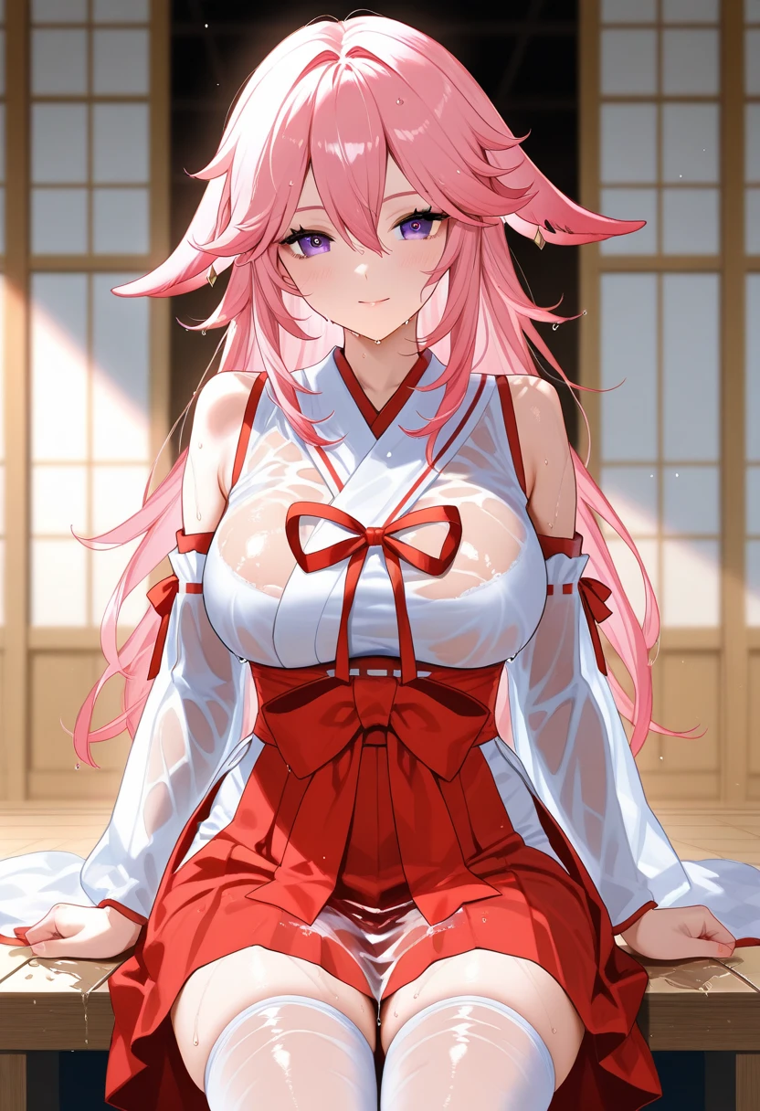 1 girl, game cg, miko, shoulders visible, short hakama skirt, gigantic breasts, pink hair, long hair, straight hair, ahoge, pink eyes, smile, dynamic, Japanese shrines,