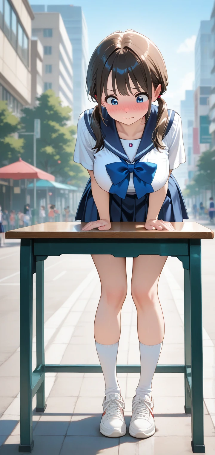 a woman, (((round face, drooping eyes))), hentai, ((navy sailor suit, pleated skirt, sailor scarf, white-socks, loafers)), (sitting the concrete bollard), (((incontinent, leaking pee, humiliated))), (((pee running down the bollard from the crotch))), embarrassing, outdoor, angle from below,