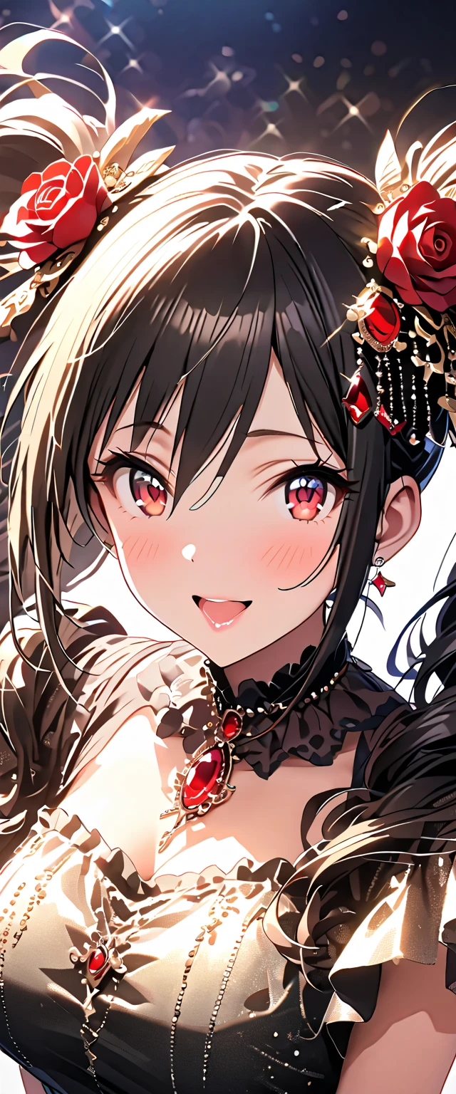 ((Brown hair)),((Braided shorthair)),((With black eyes)),Slight red tide,(Japanese style Gothic Lolita clothes:1.5),(Komono:1.25),(fluffy cloak),(stylish five finger gloves:1.2),(Ruffled ornament:1.25),(Accessories and hair ornaments with flower motifs),(Usamimi:1.7),(Watch with a smile),(active movement:1.25),It's snowing a little,(The color of the clothes is pink, Nero, Light purple, and yellow..),Kamimei,(close up of face:1.25),(Illustration of an oversized dragon in the background:1.5),(lots of ruffles)