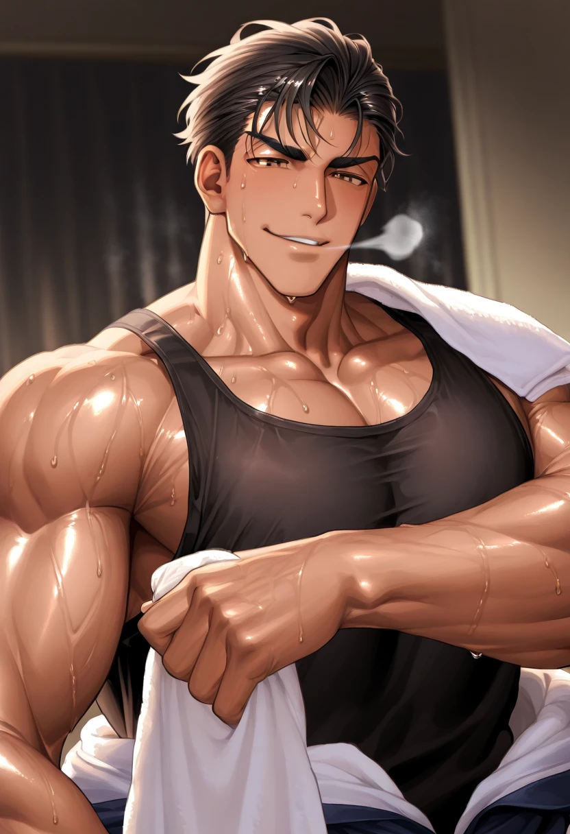 John is a twenty-year-old young man, broad-shouldered, with tanned skin, tousled black hair, red eyes. With a predatory smile