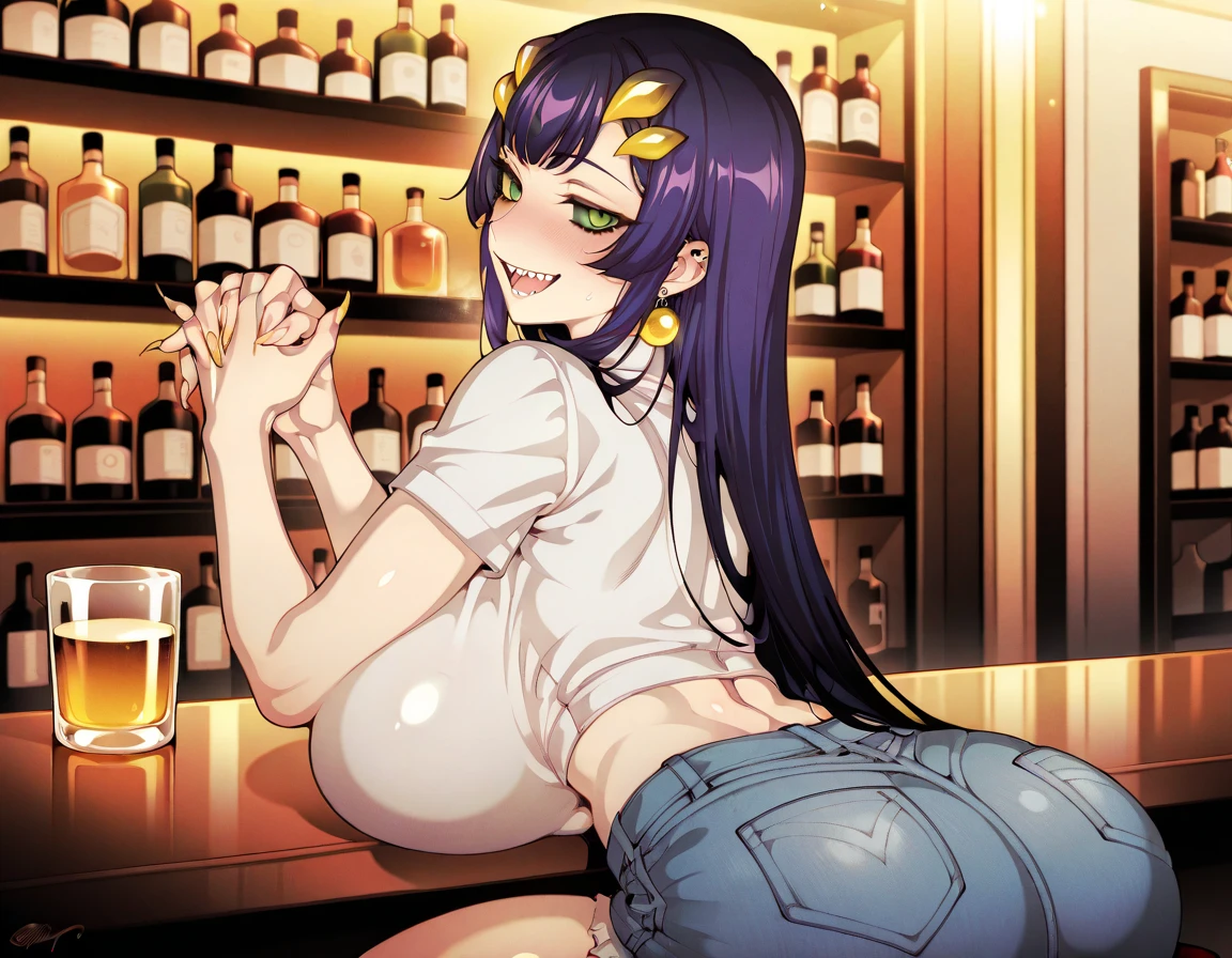 High resolution, high quality, 1 girl, anime girl, dark blue hair,ponytail,long hair,dull bangs, dark blue eyes,closed one eye,clenched teeth,[[pale skin]],Glossy skin, big breasts,beautiful breasts,(big ass),beautiful butt,pink high leg water wear,squat,arm behind head,(lemon juice),(orange juice),(mango juice),(water),at the cafe,