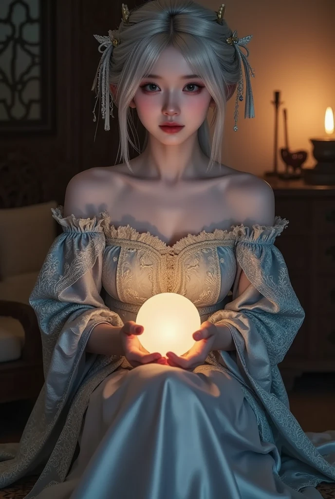 Redhead magical woman with brown eyes and long hair in elegant white dress in a castle with orb of light water element hands beautiful and detailed 8k