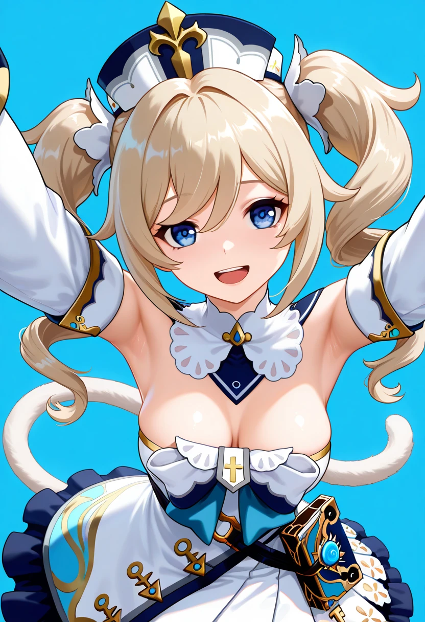((masterpiece, best quality)), high resolution,ultra detailed,8k,16k,detailed background, perfect lighting,detailed beautiful eyes, 1girl,solo,embarrassed,blush,show off nipple,steam,sweat,wet,in heat,(evil smile:1.2),look at viewer,armpits focus,(from above:1),(front view:1.2),provocative eyes,fisheye lens,be breathless,show off armpits
,(medium breast,slender),(fair skin,barbara,medium curly twintail,blue eyes,blond hair,short body,short stature:1.2),(association,sister dress)