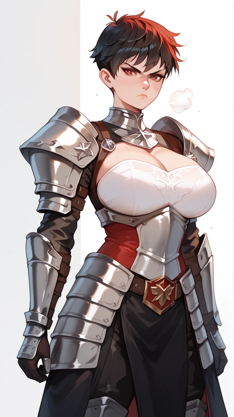 1girl, 22 years old, blush, (big breasts), (dynamic pose:1.5), red lip, pretty face, elegant, masterpiece, ultra detail, jewellery, eyeliner, (wearing sexy armor:1.8), (white hair), (tomboy), (cleavage), short hair, (red eyes), navel